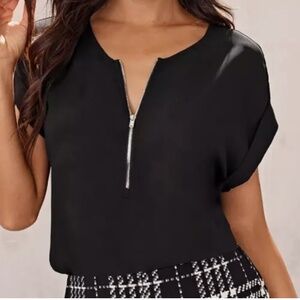 Rolled Cuff Zip Half Placket Top Black Size XS